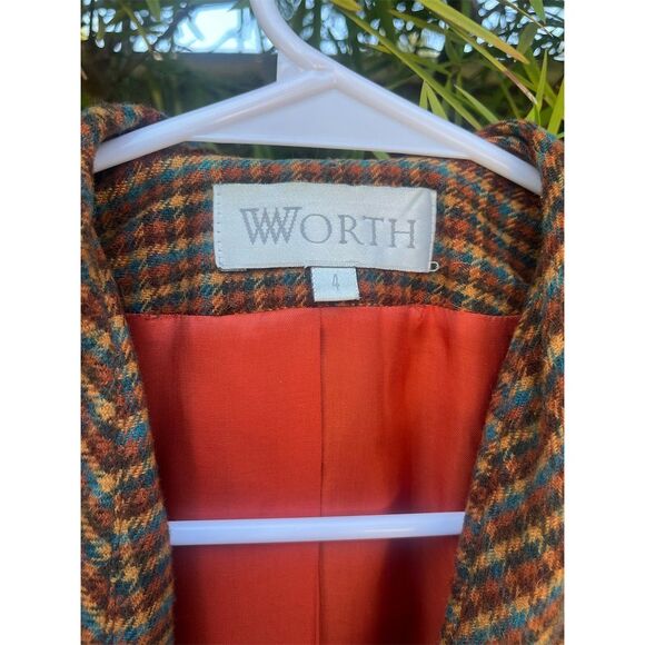 Worth Vintage 90s Plaid Tweed Blazer S Brown Fringed Shawl Collar - Picture 2 of 13